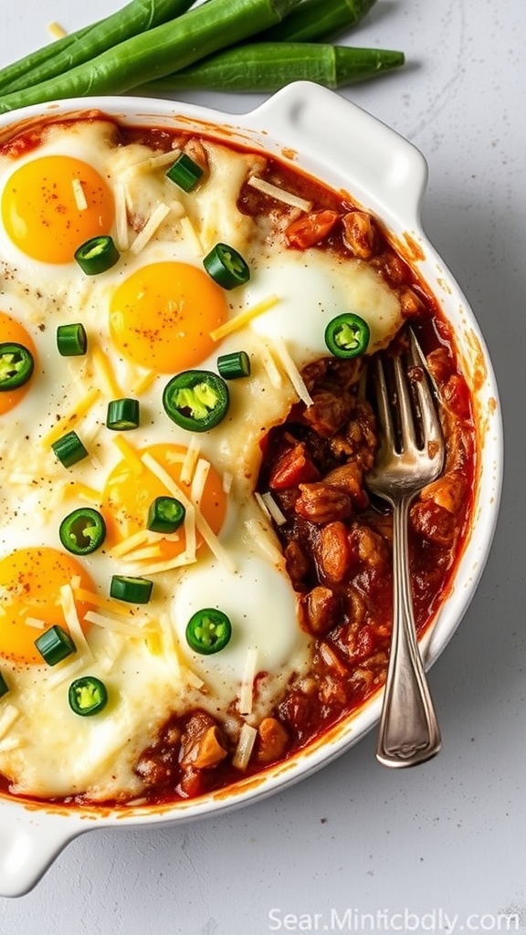 A baked chili egg dish topped with egg yolks, cheese, and green onions.