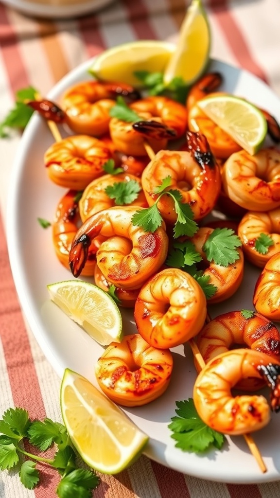 Chili lime grilled shrimp skewers garnished with lime and cilantro