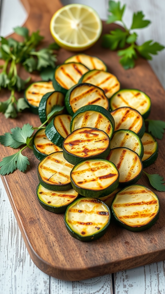 Grilled zucchini slices arranged on a wooden board with lime and cilantro.