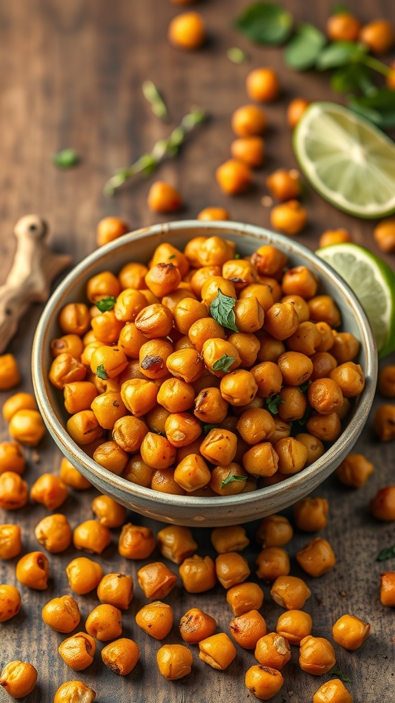 Bowl of chili lime roasted chickpeas garnished with lime slices and herbs.