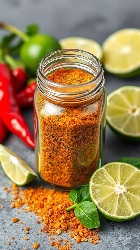 A jar of homemade chili lime seasoning blend surrounded by lime and chili peppers.