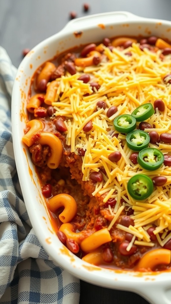 A casserole dish filled with Chili Mac and Cheese topped with cheese and jalapeños.
