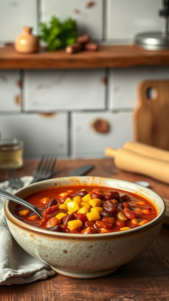 A bowl of chili with beans and corn served on a wooden table.