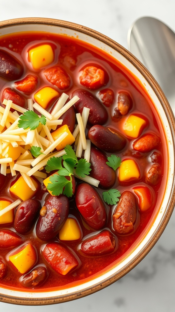 A bowl of chili with kidney beans and corn topped with cheese and cilantro.