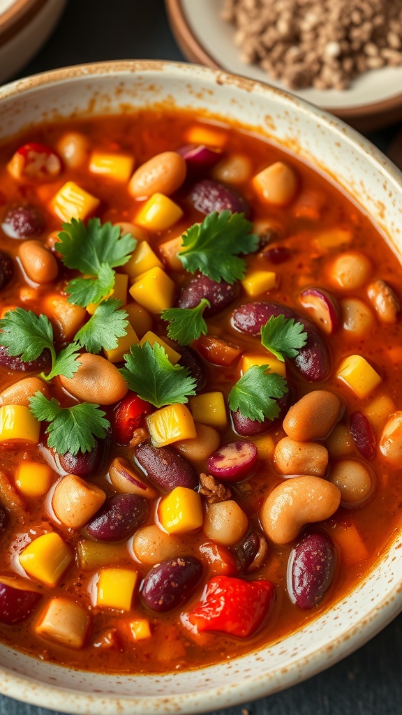 A bowl of chili with mixed beans and corn, garnished with cilantro.