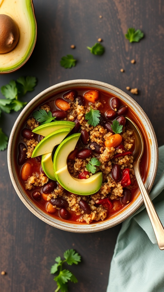 A bowl of chili with quinoa topped with avocado slices and cilantro, with an avocado half beside it.