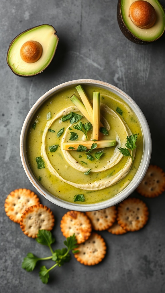 Chilled avocado and cucumber soup in a bowl, garnished with herbs and served with crackers.
