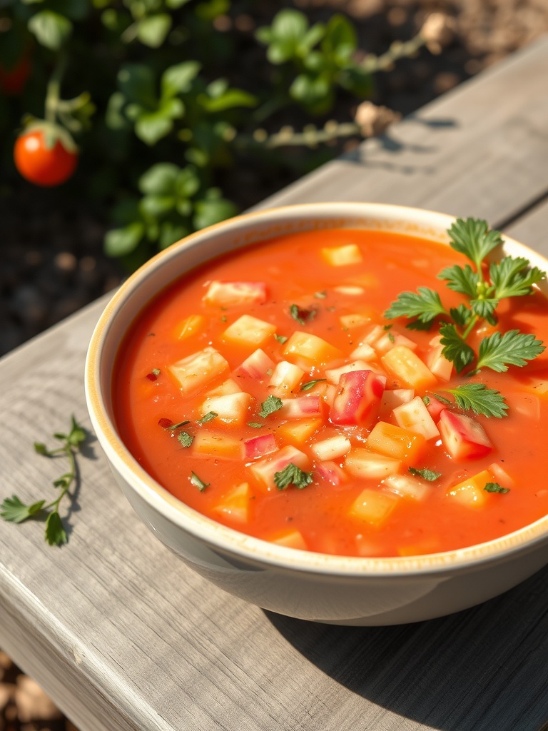 A bowl of chilled gazpacho soup with colorful diced vegetables and fresh herbs on top.