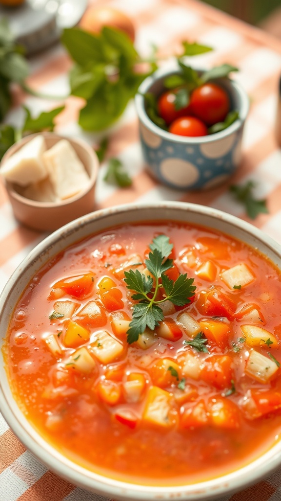 A bowl of chilled gazpacho soup with diced vegetables and fresh herbs on top.