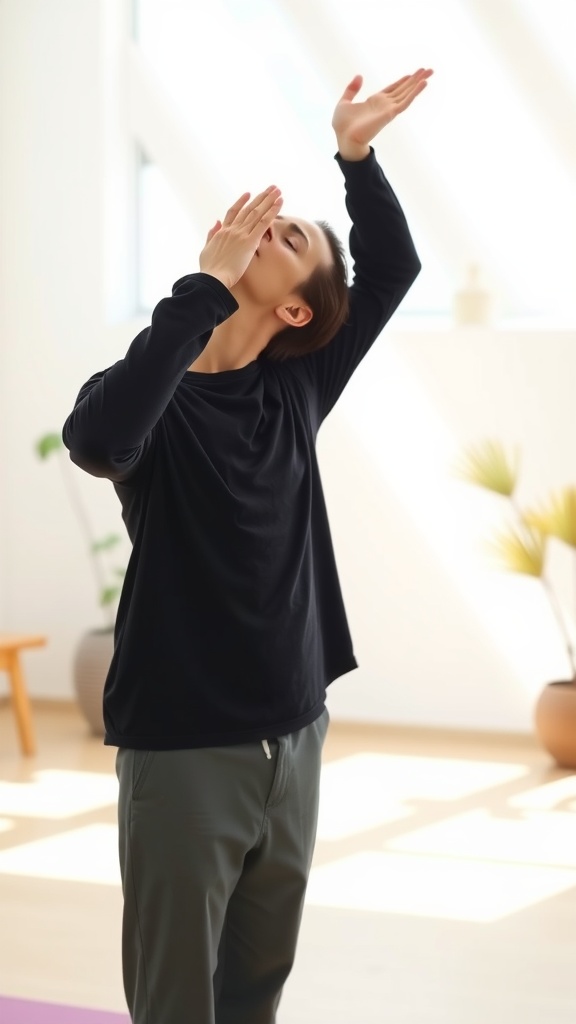 A person performing the Chin Firming Lift in a bright indoor space, arms raised and head tilted back.