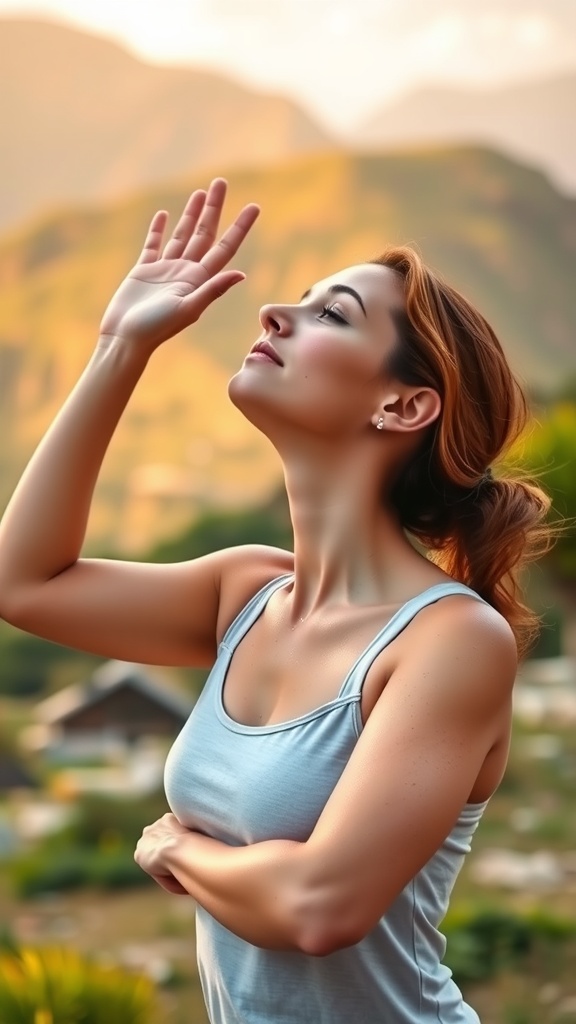 A woman practicing the Chin Lift face yoga move against a mountain backdrop