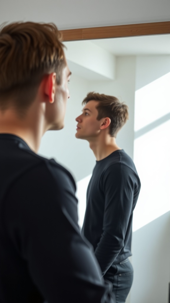 A young man practicing the chin lift exercise in front of a mirror.