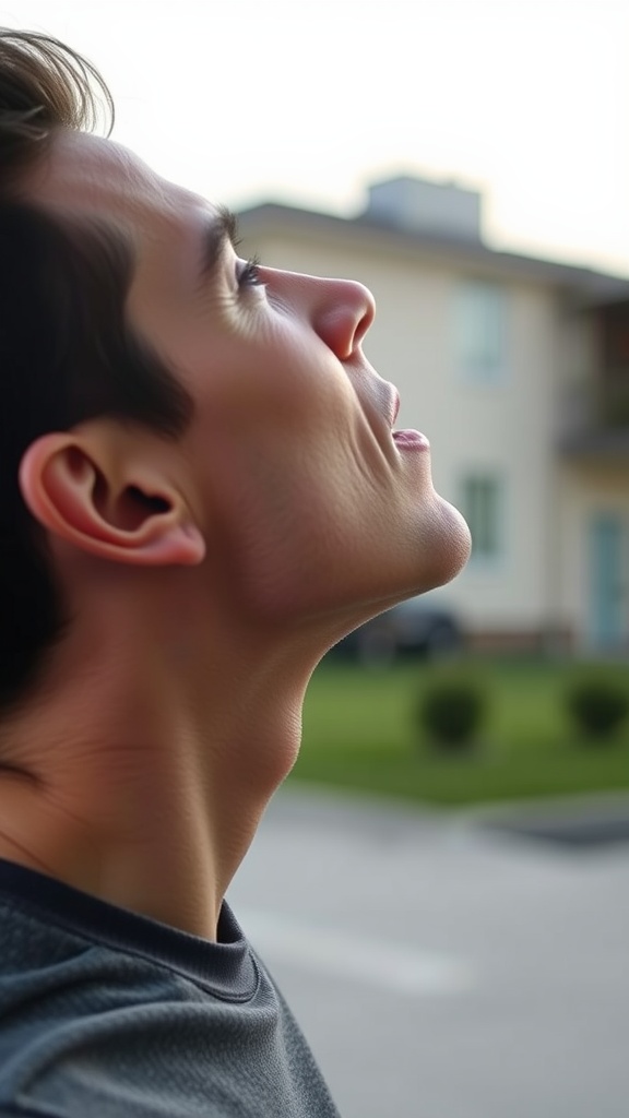 A person performing a chin lift exercise, tilting their head back to enhance their jawline.