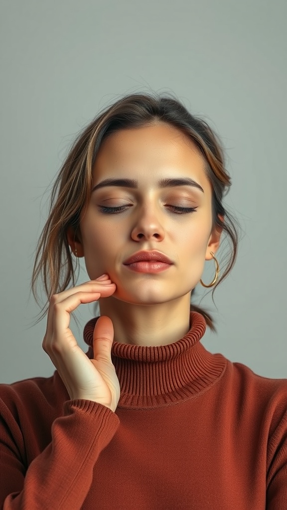 A woman performing the Chin Lift yoga move with a serene expression.