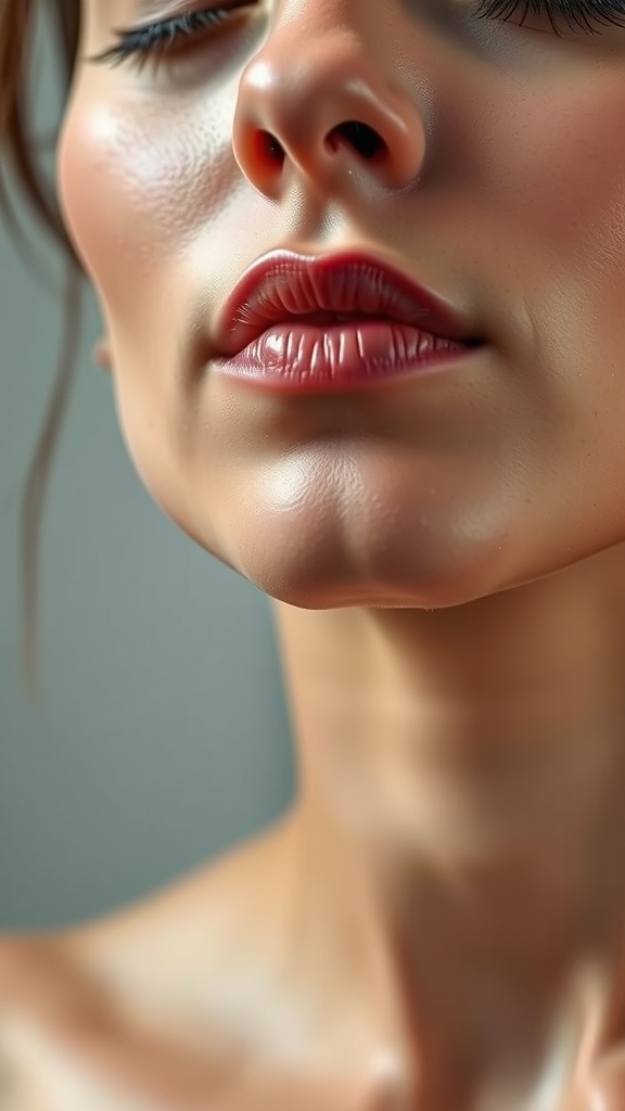 A close-up of a woman's face with a relaxed expression, highlighting the jawline.