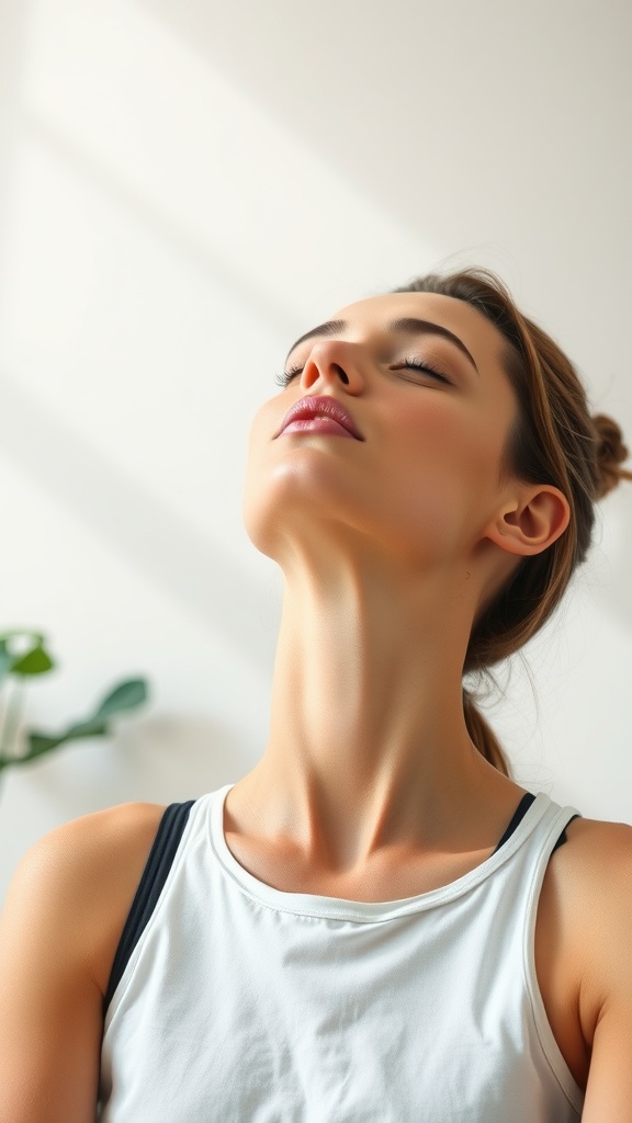 A person performing the Chin Lift exercise with head tilted back and eyes closed, focusing on relaxation.