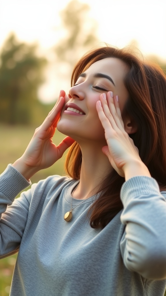 A person smiling while performing the Chin Lift exercise for facial tension relief.