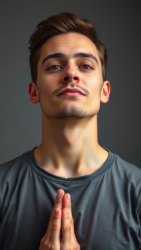 A person practicing chin lift yoga, with hands in a prayer position, promoting a calm ambiance.