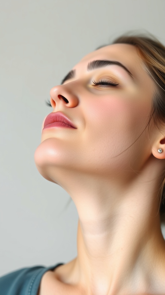 A woman demonstrating the Chin Lifting Exercise with her chin raised and eyes closed, showing proper posture.