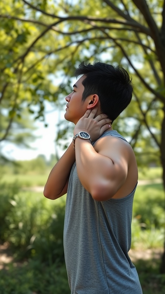 A person demonstrating the Chin Lifting Method outdoors, with a calm expression.