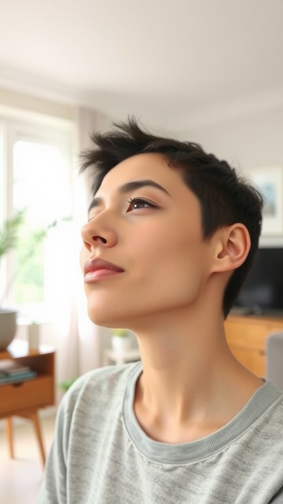 A person performing a chin lift exercise, tilting their head back for jawline definition.