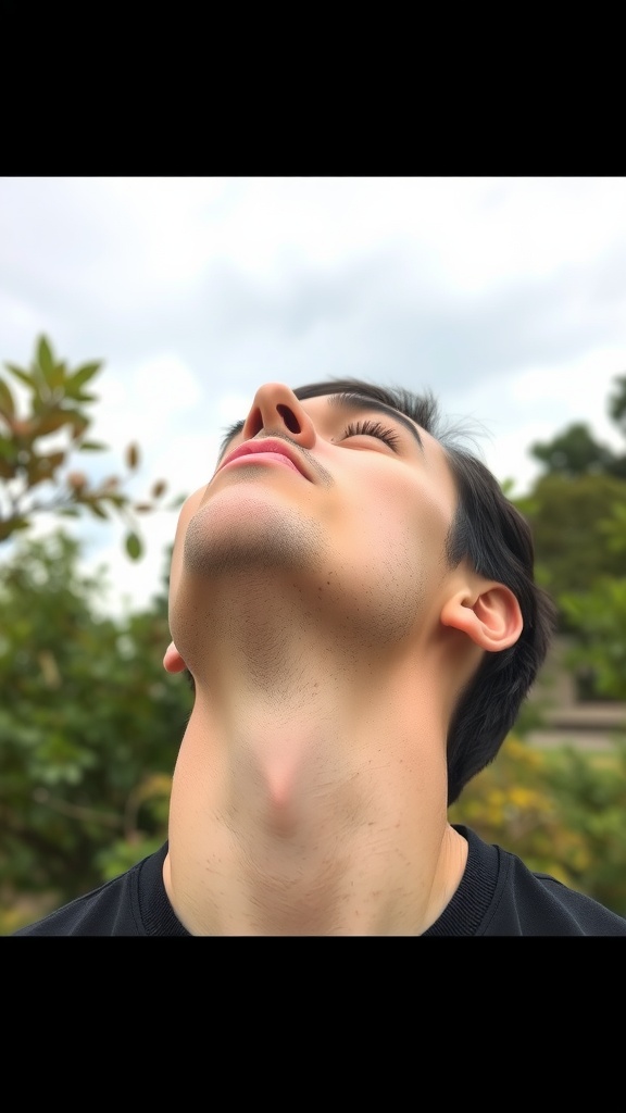A person performing a chin lift exercise with their head tilted back, showcasing their neck and chin.