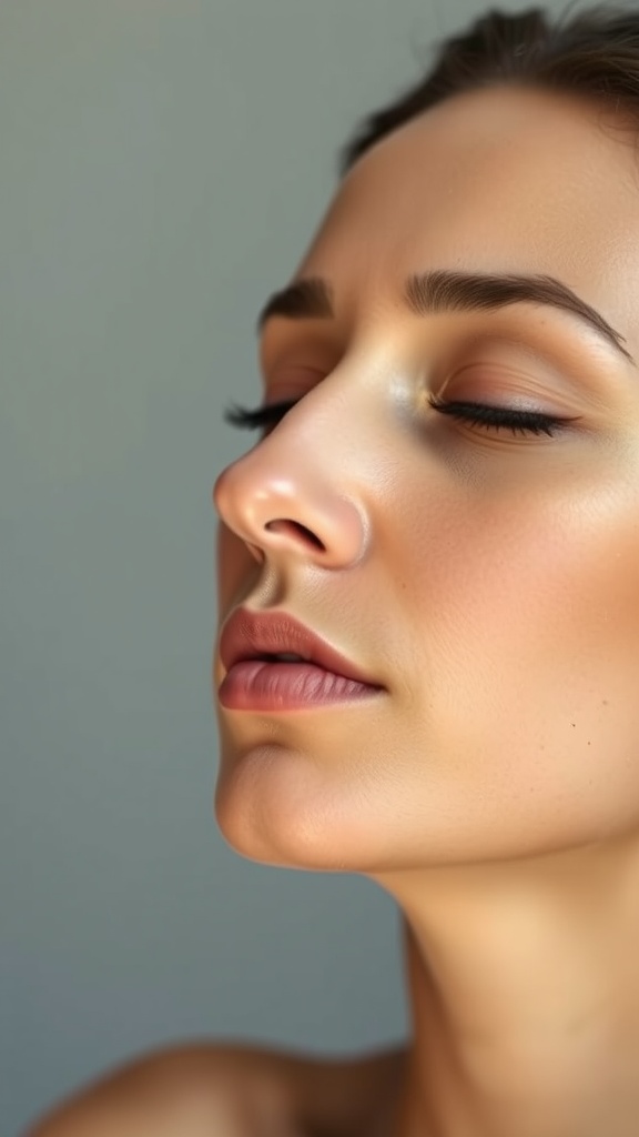 A close-up of a woman's profile, demonstrating a relaxed facial expression with an emphasis on the chin area.