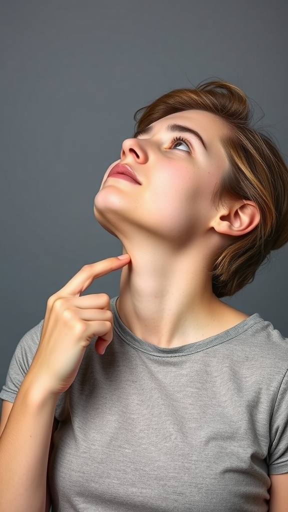 A person demonstrating the Chin Tightening Technique by tilting their head back and pointing to their chin.