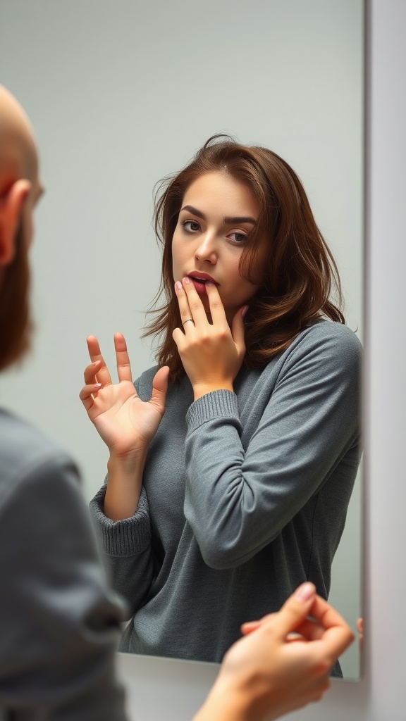 A person practicing chin toning action in front of a mirror.