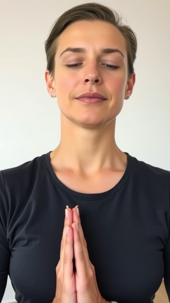 Person practicing chin toning yoga with hands in a prayer position
