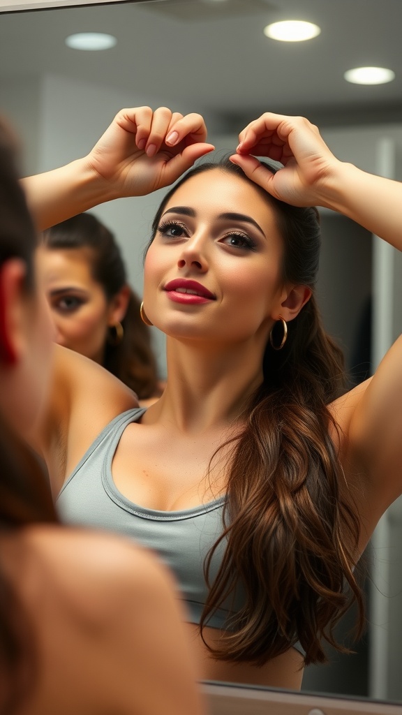 A woman performing the Chin Up Exercise, looking focused and confident.