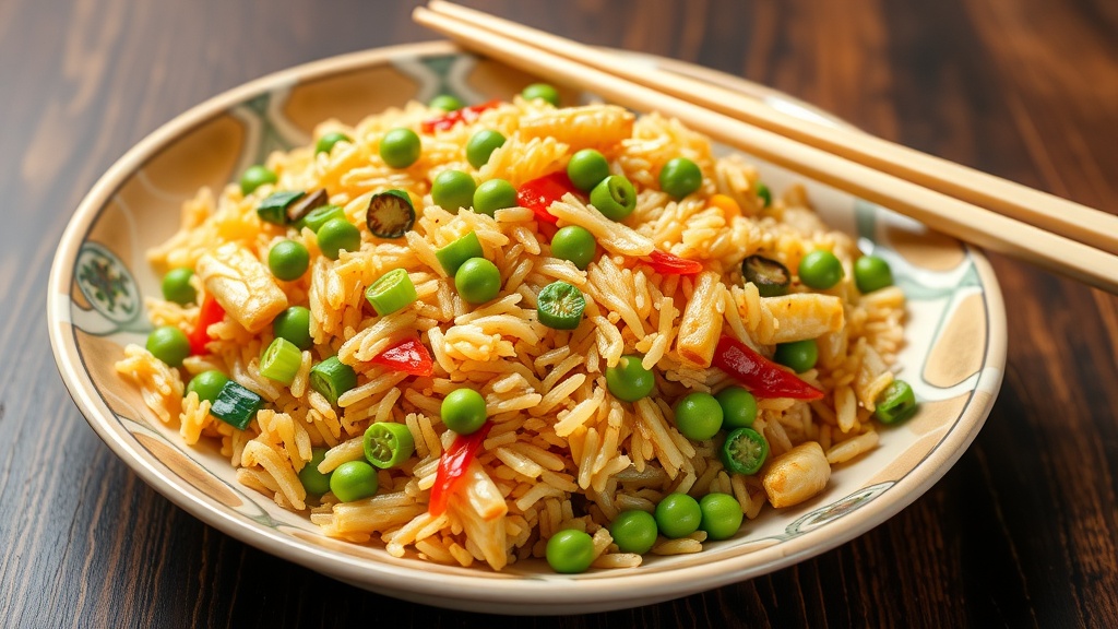 A plate of Chinese Vegetable Fried Rice topped with green peas, bell peppers, and green onions.
