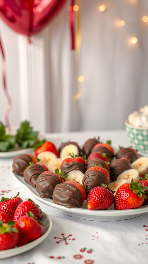 Plate of chocolate-dipped strawberries and bananas on a festive table.