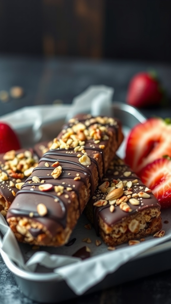 A plate of chocolate-dipped fruit bars topped with nuts, alongside fresh strawberries.
