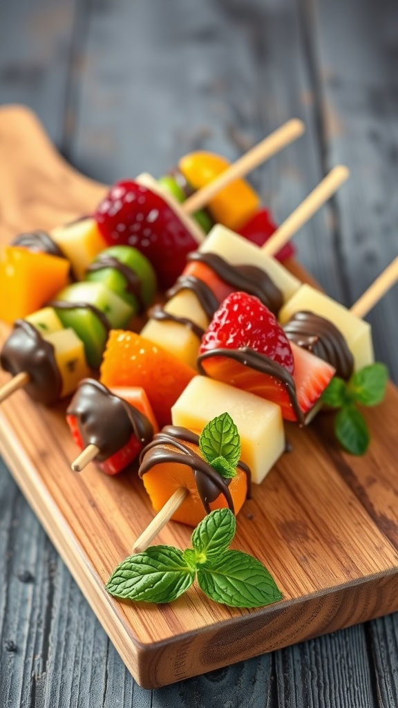 Colorful chocolate-dipped fruit skewers on a wooden platter.