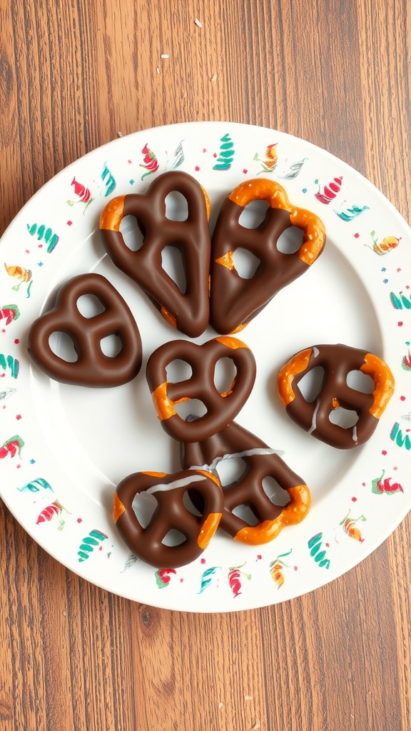 A plate of chocolate-dipped pretzels with festive decorations.