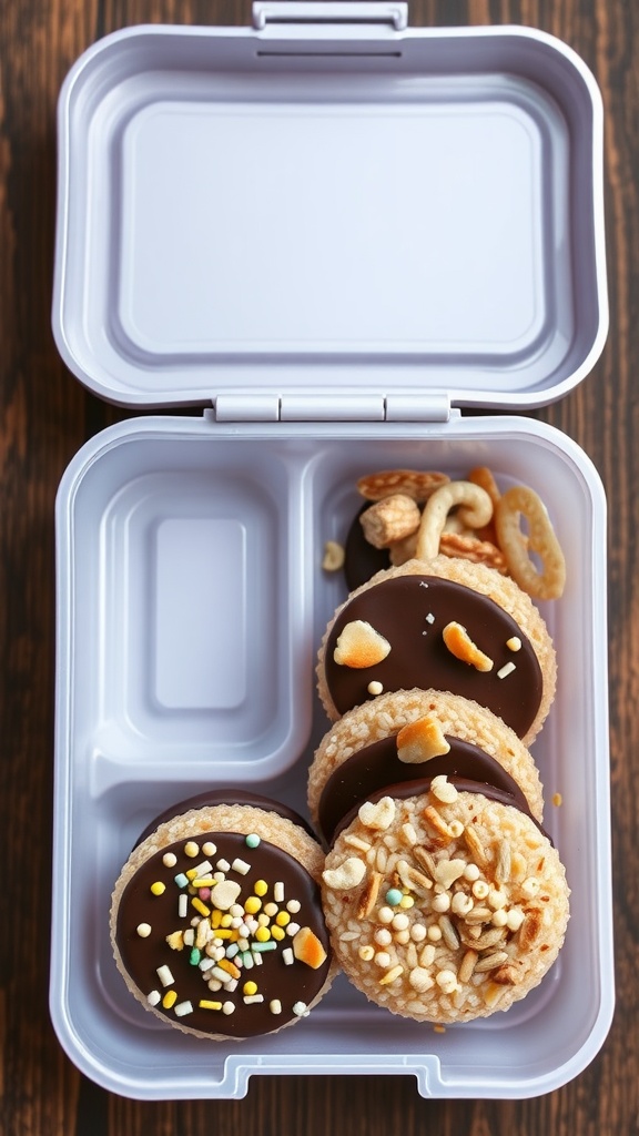Chocolate-dipped rice cakes decorated with colorful sprinkles and nuts in a lunchbox.
