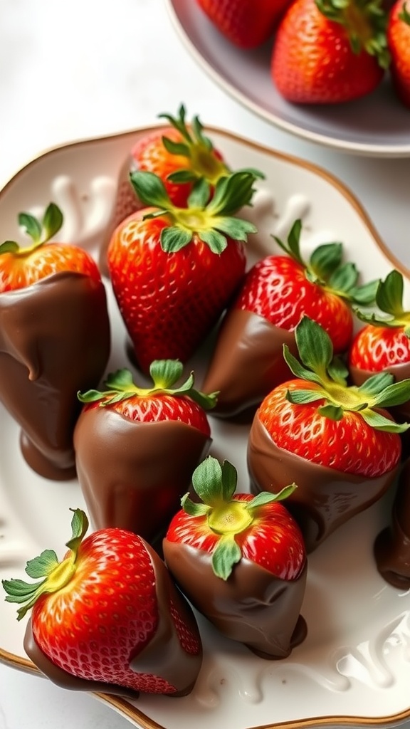A plate of fresh strawberries dipped in chocolate.