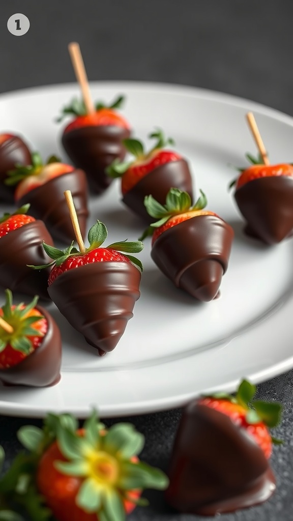 Plate of chocolate-dipped strawberries arranged beautifully