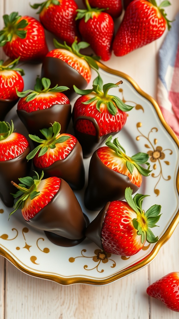 Delicious chocolate-dipped strawberries arranged on a decorative plate.