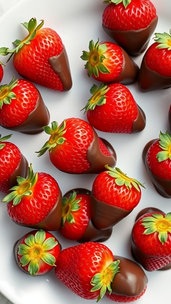 Delicious chocolate-dipped strawberries arranged on a plate.