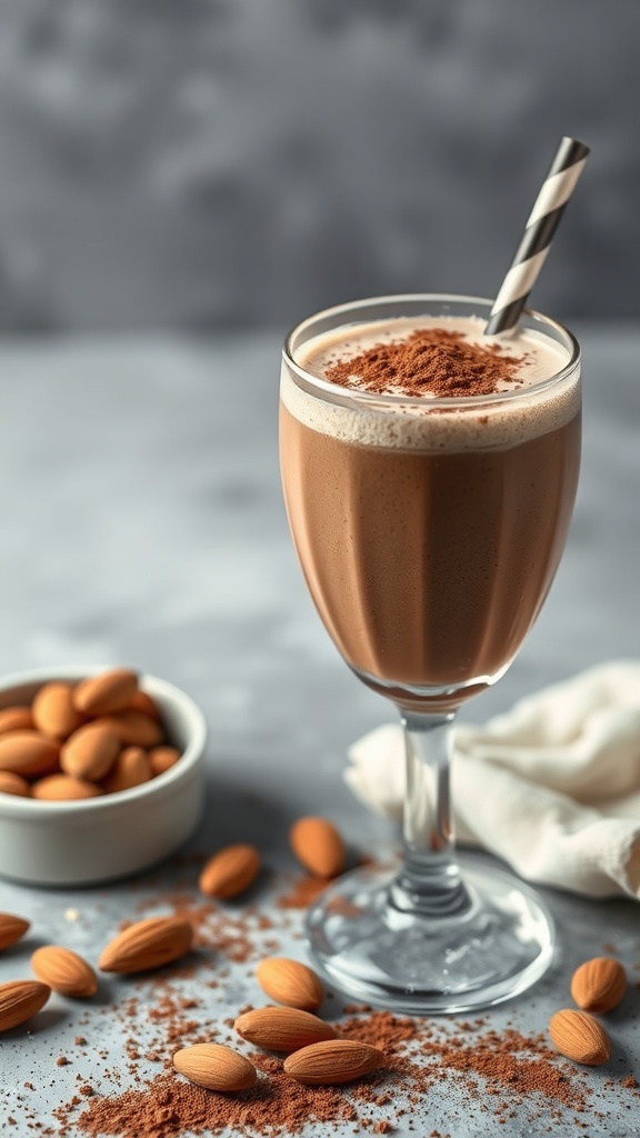 A creamy chocolate almond smoothie in a glass with a straw, surrounded by almonds and cocoa powder.
