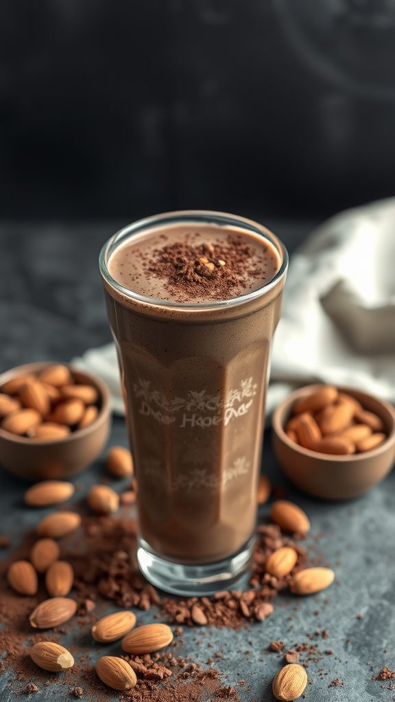 A delicious chocolate almond smoothie in a tall glass with almonds and cocoa powder around it.