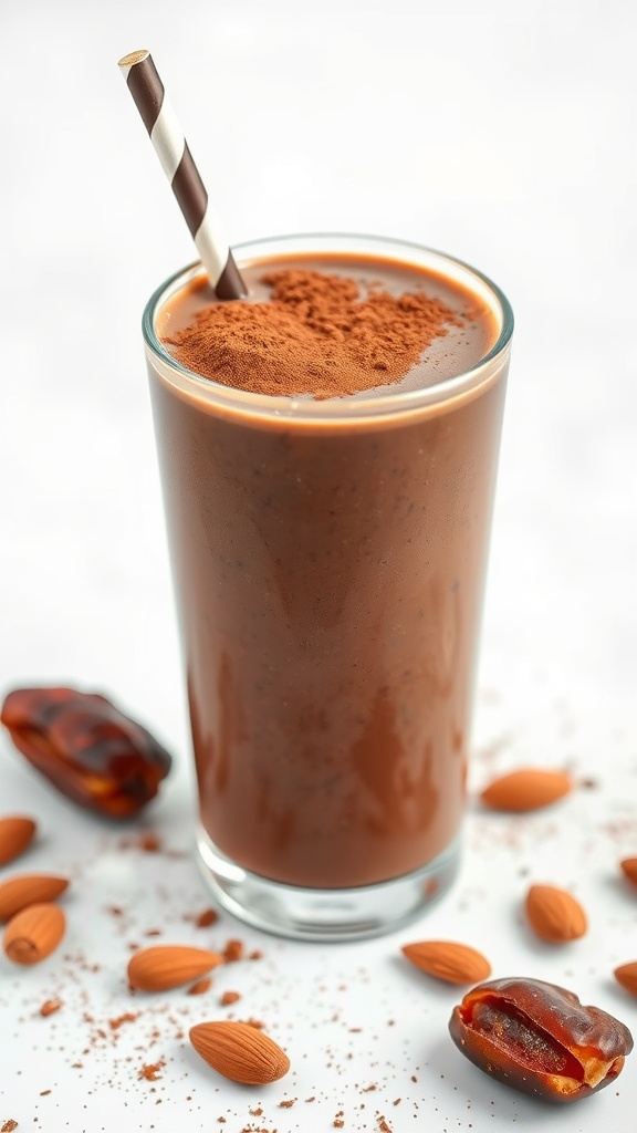 A chocolate almond smoothie in a glass with a straw, topped with cocoa powder and surrounded by almonds and dates.