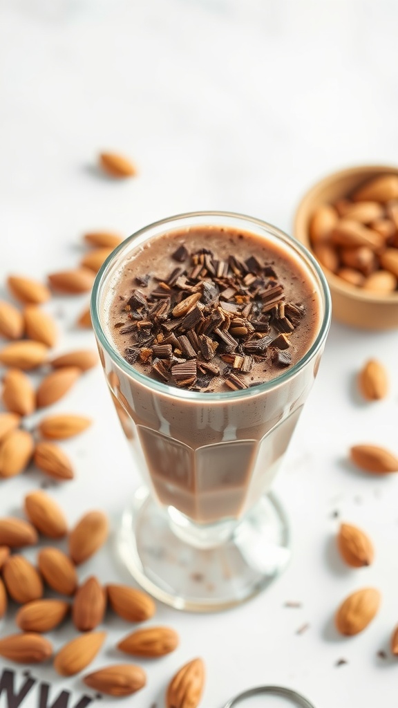 A delicious Chocolate Almond Smoothie in a glass topped with chocolate shavings, surrounded by almonds.