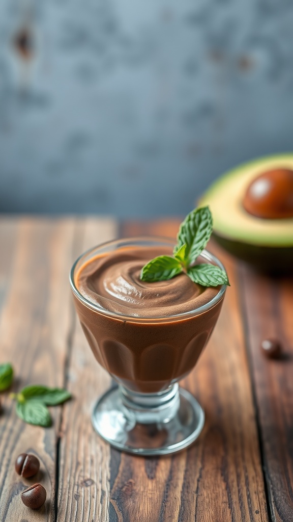 A smooth and creamy chocolate avocado mousse garnished with mint leaves.