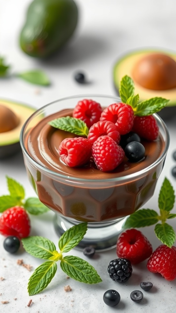 A bowl of chocolate avocado mousse garnished with berries and mint leaves