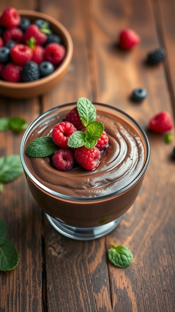 A bowl of chocolate avocado mousse topped with raspberries and mint.