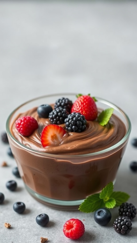 A bowl of chocolate avocado mousse topped with fresh berries.