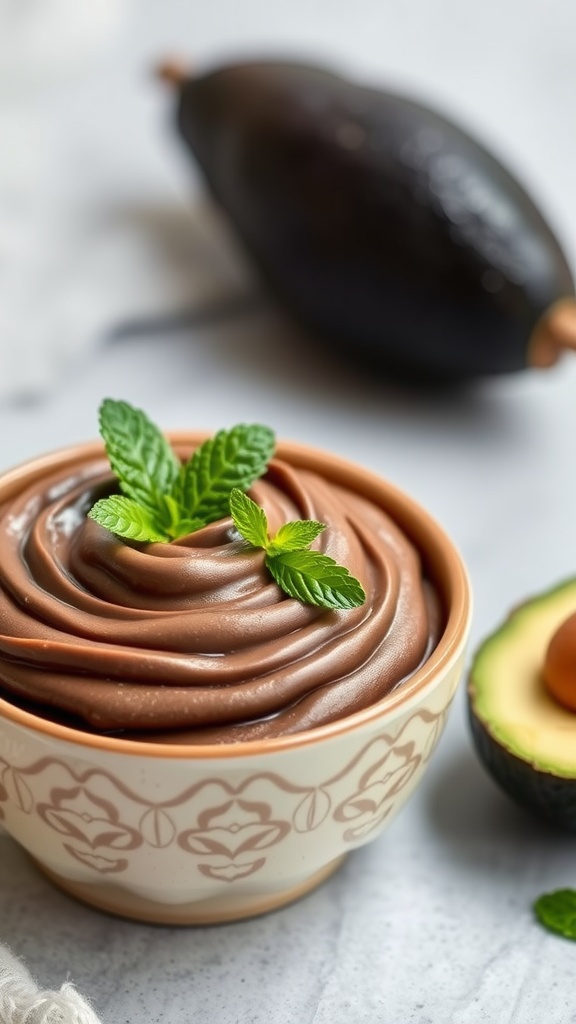 A bowl of chocolate avocado mousse topped with mint leaves.